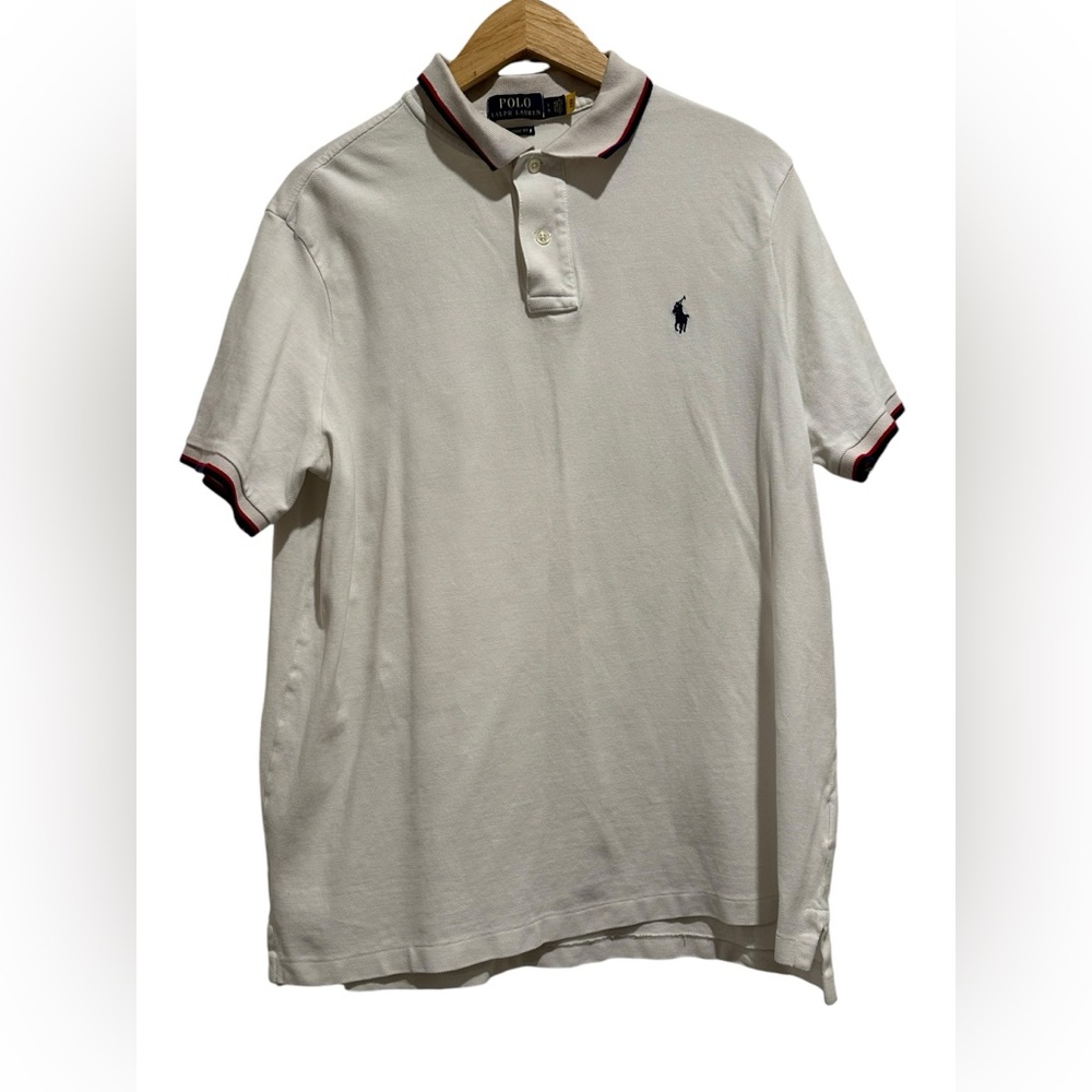 Polo Ralph Lauren Mens XL Ribbed Trim Striped Polo White Classic Fit Red‎ Blue